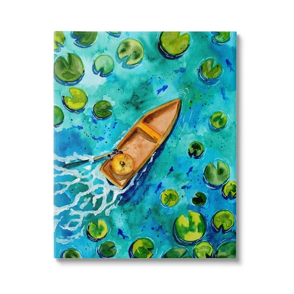 Pond Lilies Lake Boat Splash Transportation Painting Gallery Wrapped Canvas Print Wall Art