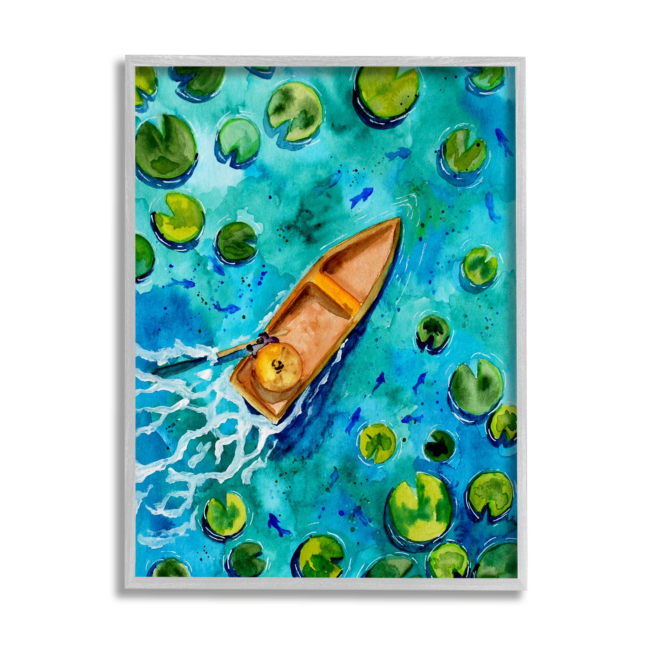 Pond Lilies Lake Boat Splash Transportation Painting Gray Framed Art Print Wall Art