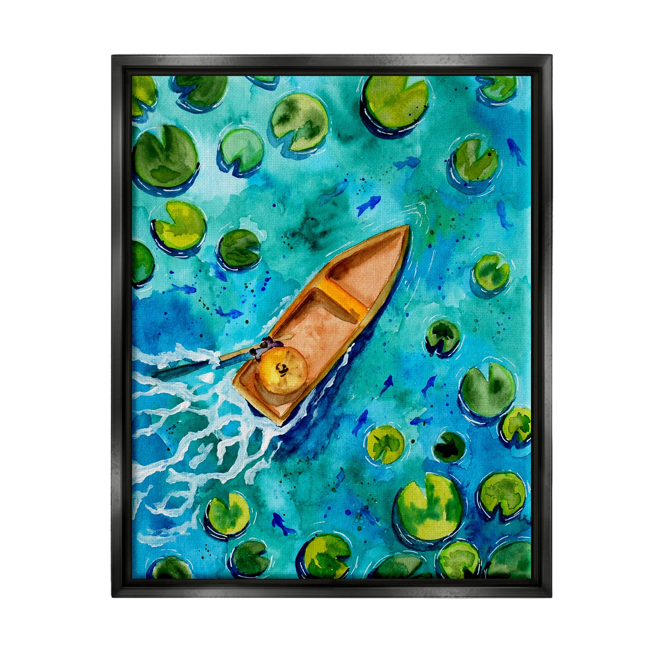 Pond Lilies Lake Boat Splash Transportation Painting Jet Black Framed Art Print Wall Art