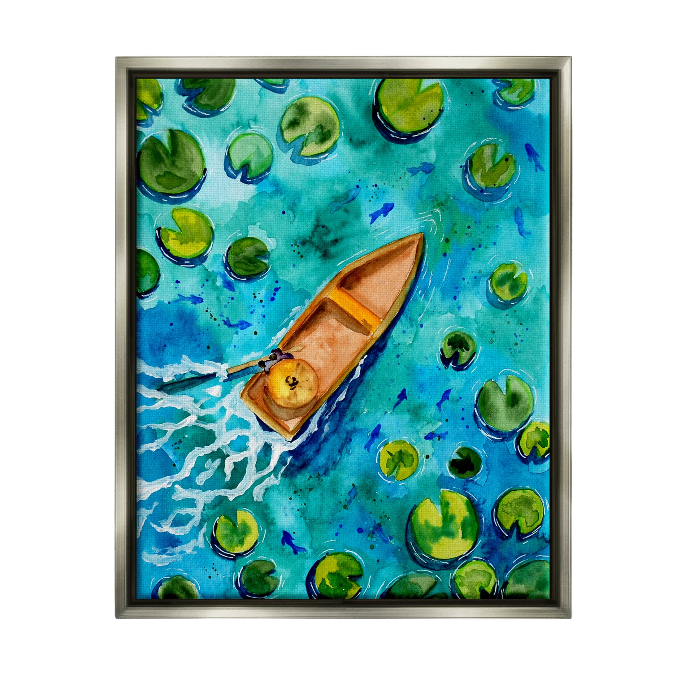 Pond Lilies Lake Boat Splash Transportation Painting Luster Gray Framed Art Print Wall Art