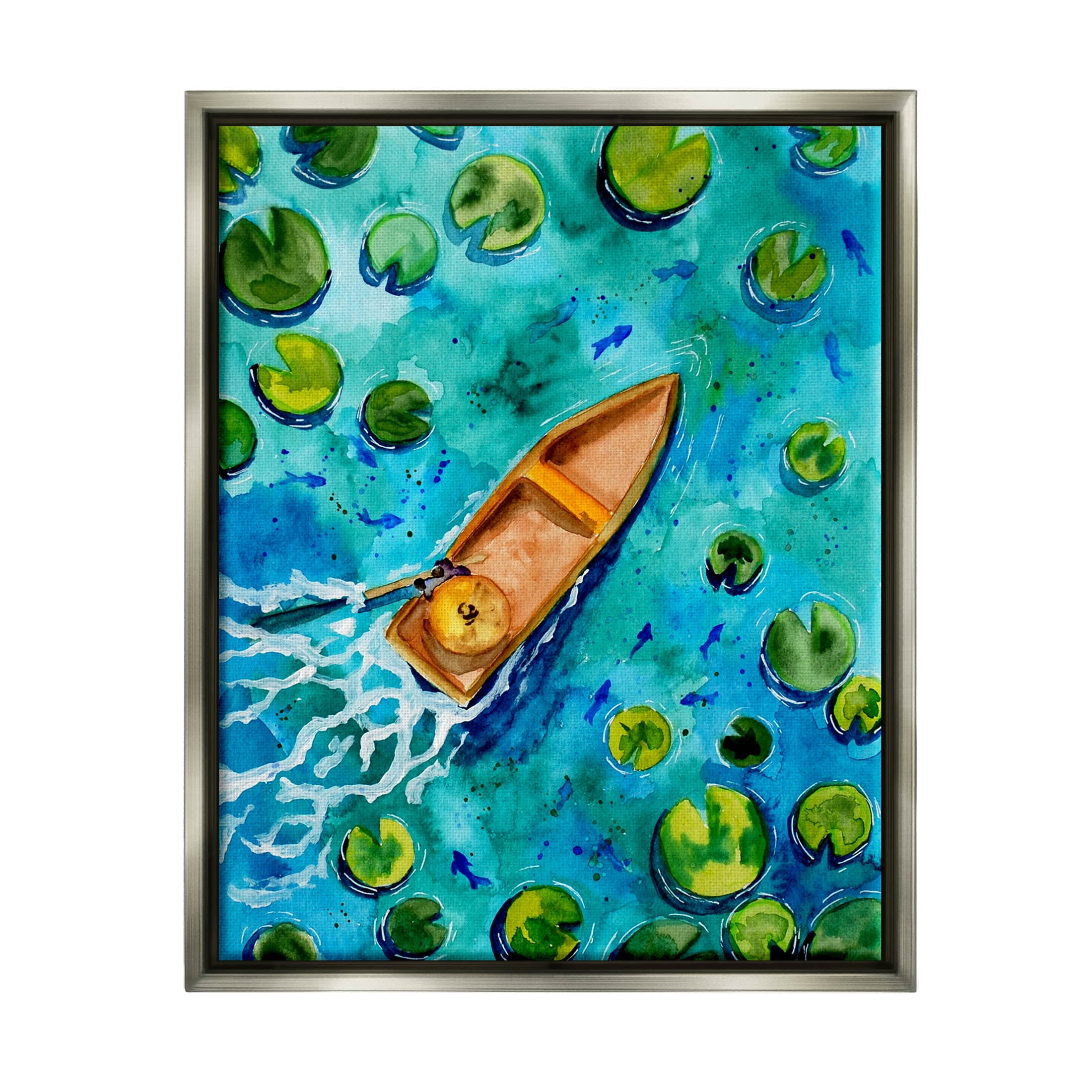 Pond Lilies Lake Boat Splash Transportation Painting Luster Gray Framed Art Print Wall Art
