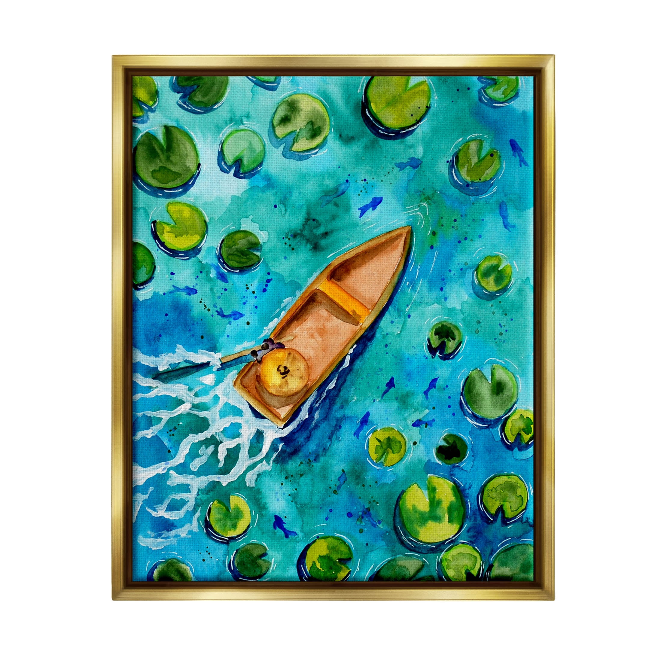 Pond Lilies Lake Boat Splash Transportation Painting Metallic Gold Framed Art Print Wall Art