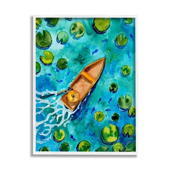 Pond Lilies Lake Boat Splash Transportation Painting White Framed Art Print Wall Art