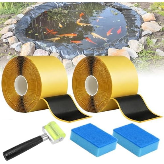 Pond Liner Seam Tape, Total 3" x 60' Double Sided Butyl Rubber Tape Kit, Waterproof Seam Tape & 2 Pcs Sponge & Roller, Self Adhesive Patch Repair Tape for EPDM Pond Liners Roof Deck RV (2Pcs)