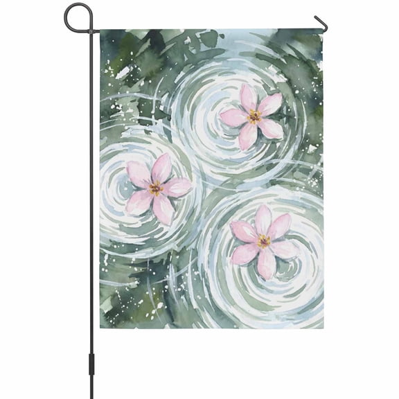 Pond Lotus Garden Flags For Outdoor, Country Watercolor Pink Flowers Floral Green Leaf Small Double Side Yard Flags Weather Proof Garden Decor for Lawn Outside Holiday 12 x 18 Inches