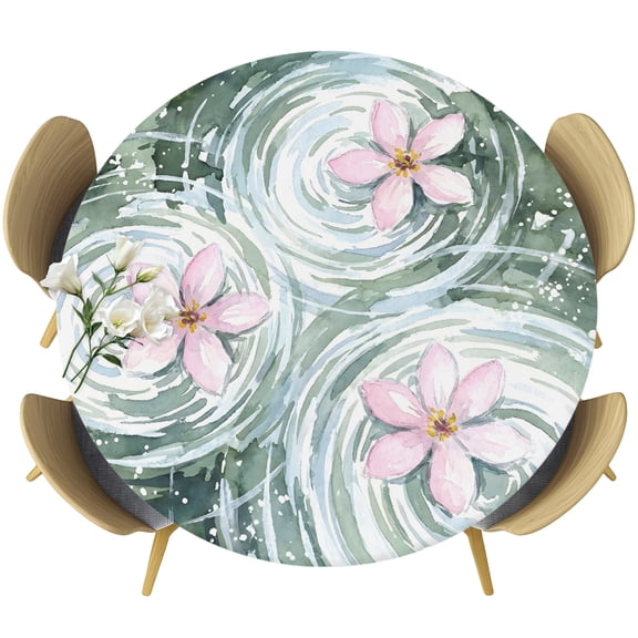 Pond Lotus Round Tablecloth 36-44 Inch Round Fitted Table Cloth with Elastic Edge, Watercolor Pink Flowers Country Rustic Green Leaf Waterproof Table Cover Protector for Outdoor Picnic Party Dining