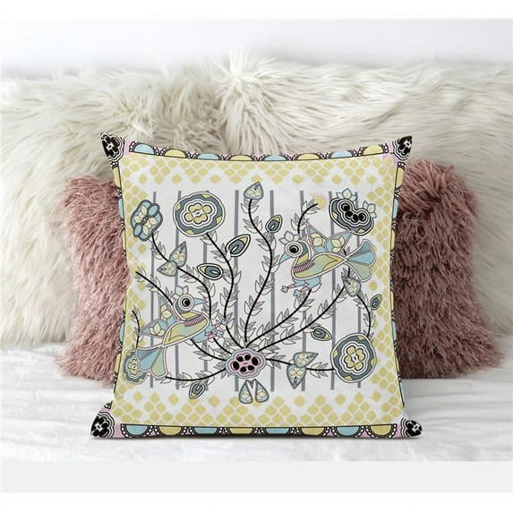 Pond Peacock Indoor/Outdoor Pillow in White Yellow Gray 28x28