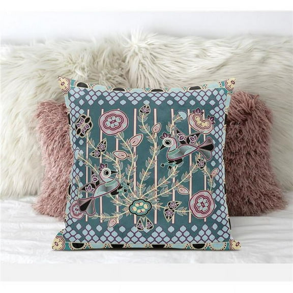Pond Peacock Throw Pillow with Removable Cover in Dark Green Aqua Pink 16x16