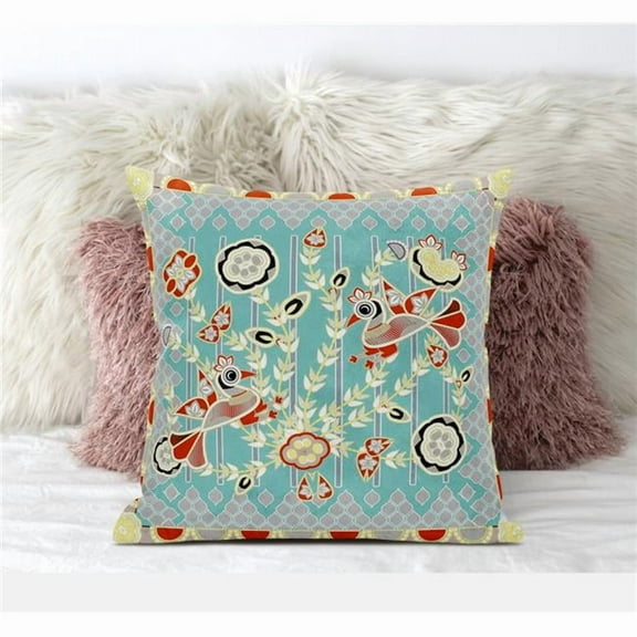 Pond Peacock Throw Pillow in Light Blue Red Light Yellow 16x16