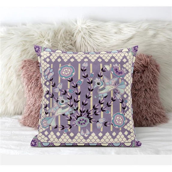 Pond Peacock Throw Pillow with Removable Cover in Muted Purple Yellow 20x20