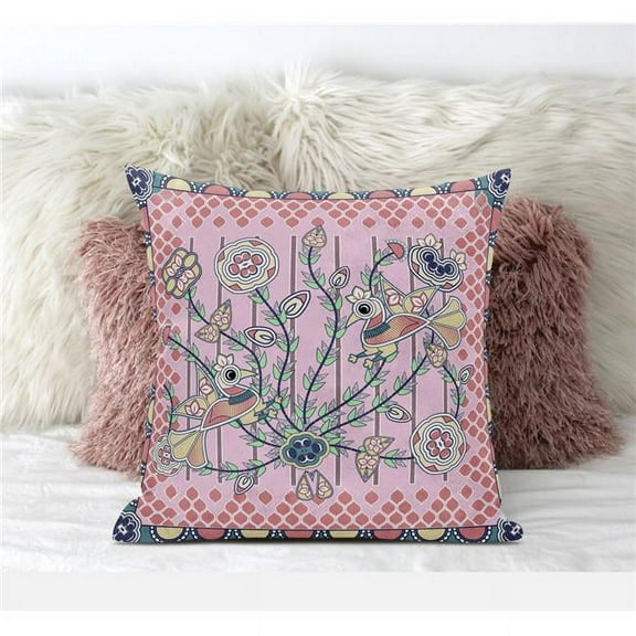 Pond Peacock Throw Pillow with Removable Cover in Pink Peach Muted Yellow 20x20