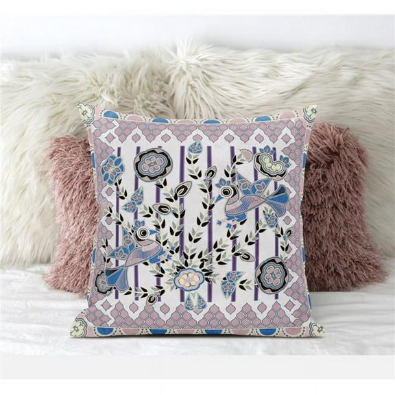 Pond Peacock Throw Pillow with Removable Cover in White Muted Pink Black 18x18