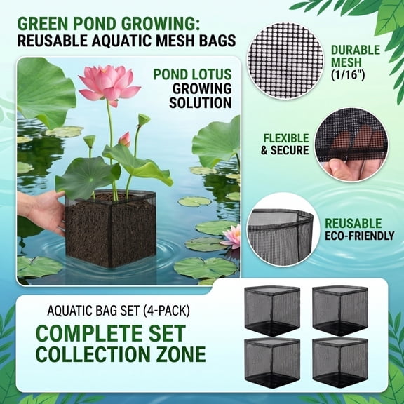 Pond Plant Baskets, Aquatic Plant Baskets, Mesh Planting Baskets, Pond Planting Containers, 7X7X7 Inch 4 Pack Black Fine Mesh Aquatic Root Bags, Reusable Square Water Plant