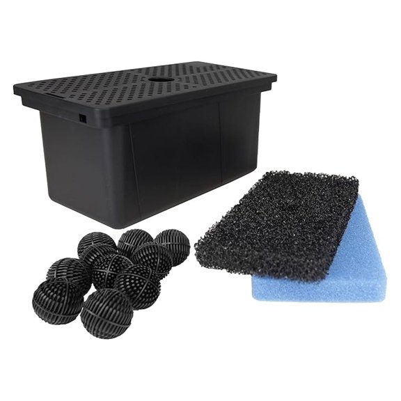Pond Pump Filter Box - Universal Filter for Small Ponds up to 500 Gallons; Includes Coarse & Fine Filter Pads, Bio Balls; Pump Protection