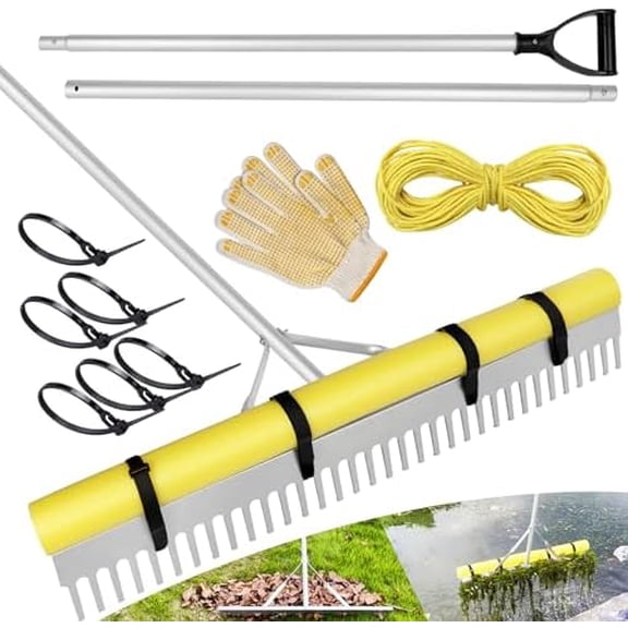 Pond Rake, 36" Aquatic Lake Weed Rake with 8.5' Adjustable Extension Pole, Rope and Float, 52' Throw, Aluminum Landscape Harrow for Lake, Lawns, Gardens, Beach$$Garden & Patio