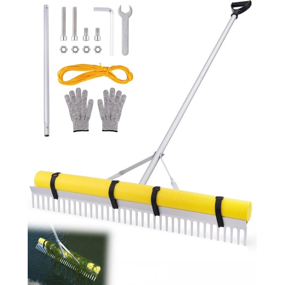 Pond Rake, 36" Floating Rake with 8.5ft (102in) Extension Handle & 20ft Rope, Aluminum Aquatic Weed Rake for Lake, Heavy Duty Landscape Rake for Algae, Muck & Debris Removal, 2-in-1 Water & Land Tool