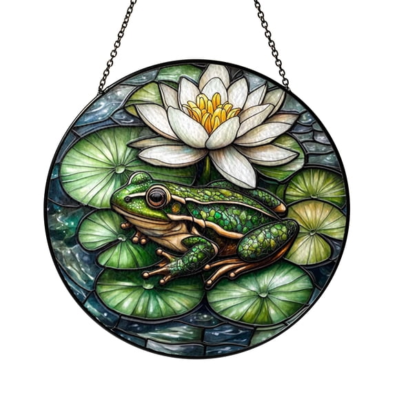 Pond Scene Frog Glass Suncatcher for Window Decor, Botanical Light Catcher Hanging Ornament, Relaxing Animal Lover Gift