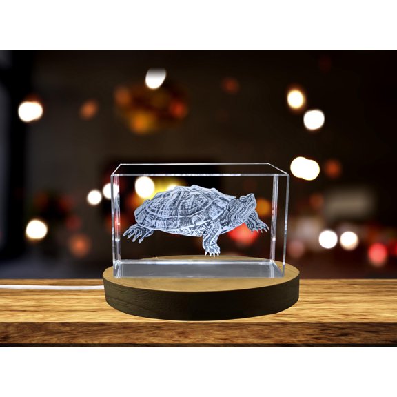 Pond Slider Turtle Engraved Crystal Paperweight - Common Yet Captivating Freshwater Species Replica
