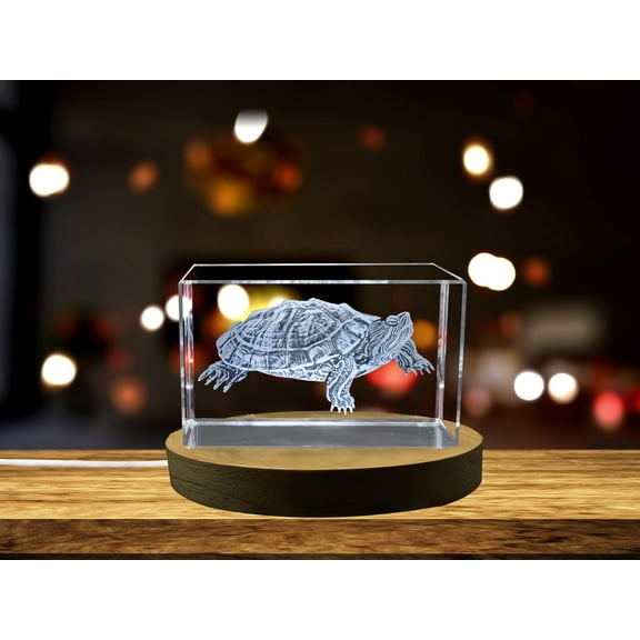 Pond Slider Turtle Engraved Crystal Paperweight - Common Yet Captivating Freshwater Species Replica