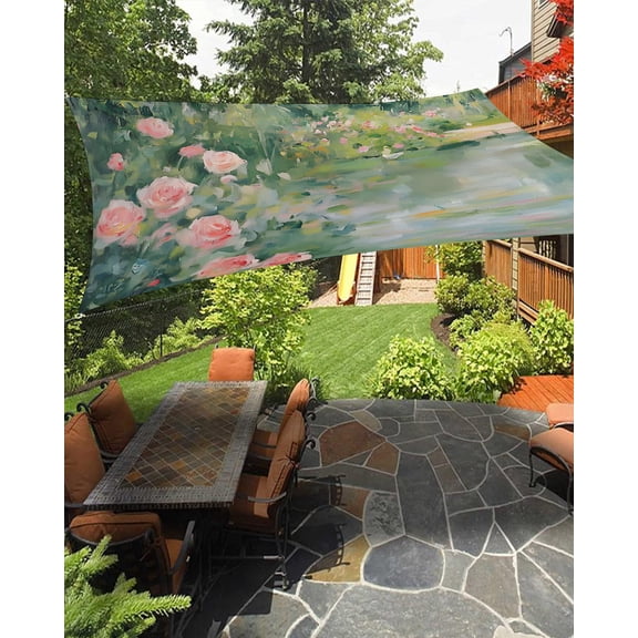 Pond Sun Shade Sail 12'X16' Floral Botanical Pink Rose Vintage Summer UV Block Outdoor Sail Shades Breathable Waterproof Rectangular Sunshade for Patio Garden Pool Pergola Porch