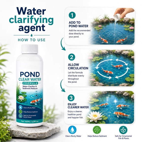 Pond Water Clarifier, Pond Algae Remover Safe for Fish, Koi Pond Water Clearing, Pond Cleaner for Fish Ponds, 100Ml Concentrated Formula, Safe for Live Plants and Ornamental Koi