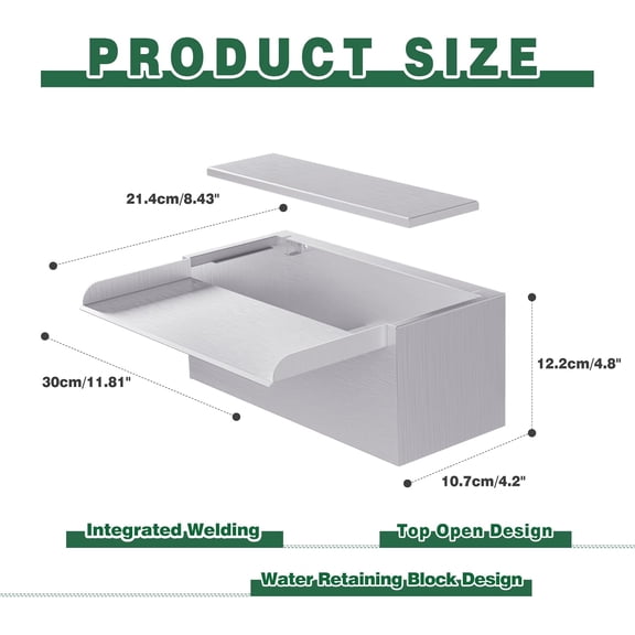 Pond Waterfall Spillway  304 Stainless Steel 11.8" Rectangular Waterfall Spillway, Water Fall Fountain with Pipe Connector for Garden Outdoor, Swimming Pools, Fountains, Pond and Spa