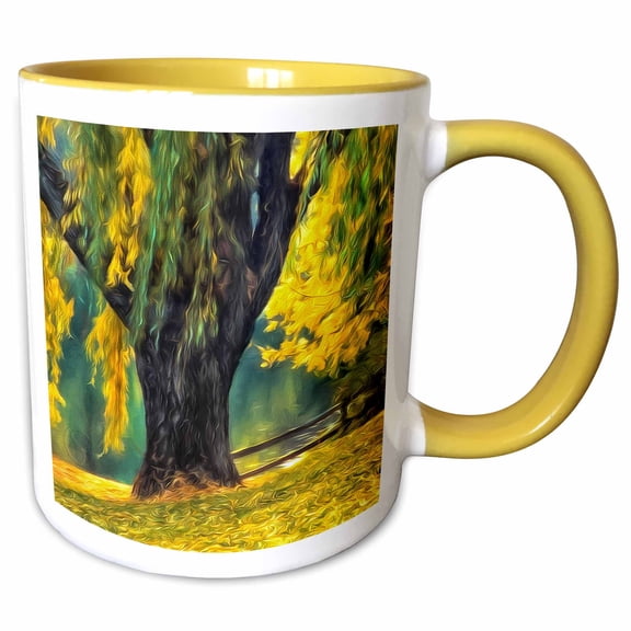 3drose, Pond Willows Painting in Green and Yellow Hues of Gold Country, 11oz Two-tone Yellow Mug