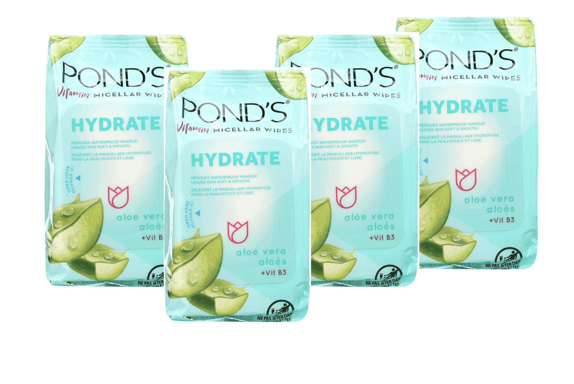 Pond's Vitamin Micellar Makeup Remover Wipes for Dry Skin, Skin Care Hydrating Aloe Vera Daily Face Wipes Remove Dirt, Waterproof Makeup, 15 Count, 4 Pack