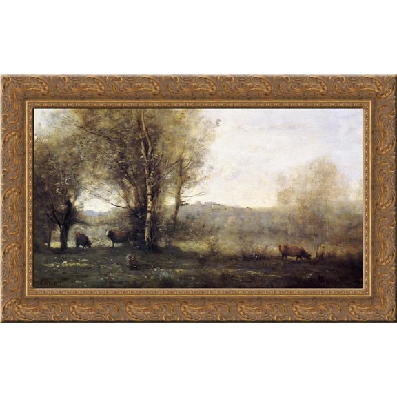 Pond with Three Cows (Souvenir of Ville d'Avray) 24x16 Gold Ornate Wood Framed Canvas Art by Camille Corot