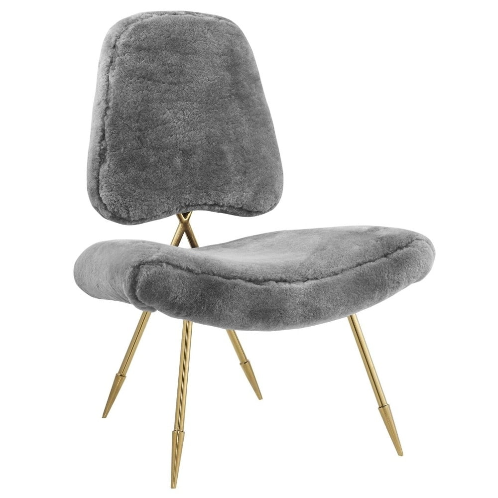 Elegant Gray Velvet Lounge Chair with Gold Metal Frame