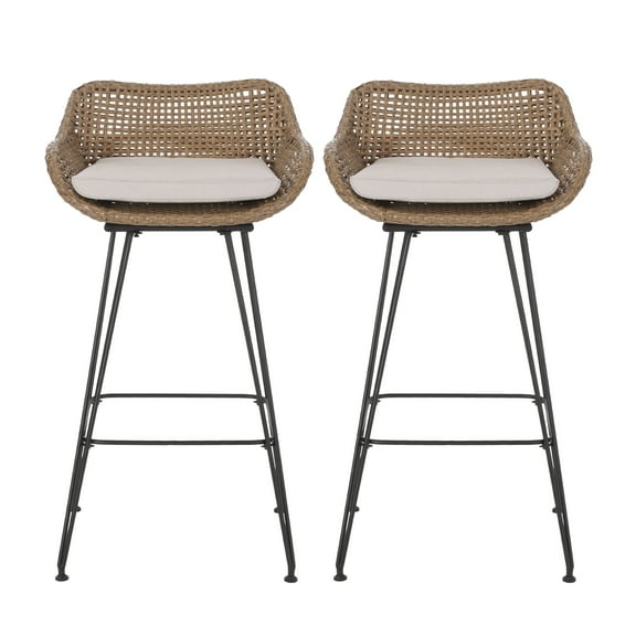 Pondway Outdoor Wicker and Iron Barstools with Cushion, Set of 2, Light Brown and Beige