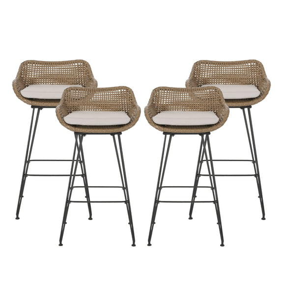 Pondway Outdoor Wicker and Iron Barstools with Cushion, Set of 4, Light Brown and Beige