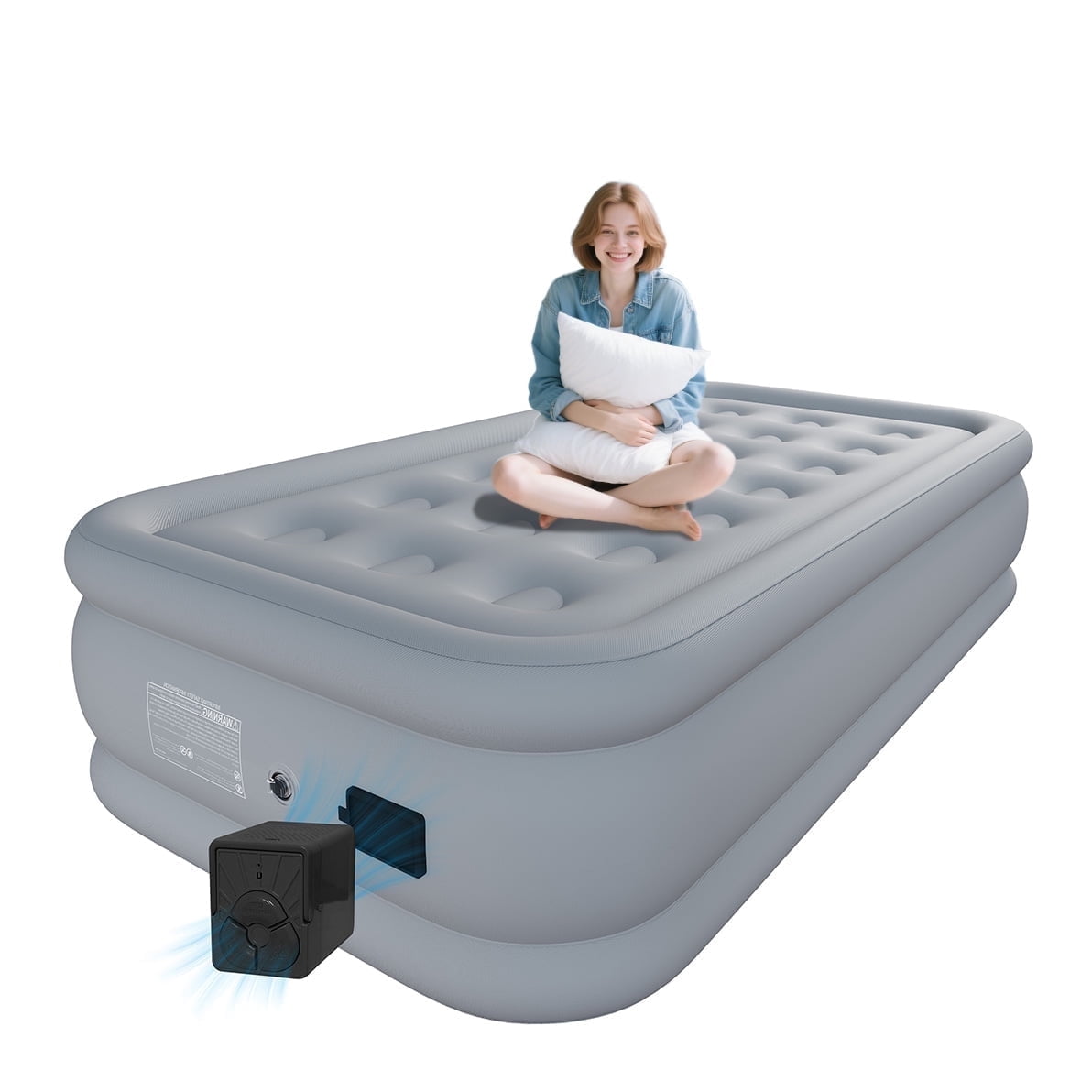 Luxury Air Mattress with Built in Pump,Puncture Resistant Portable Inflatable Mattress,Blow Up Mattress for Home,Travel and Guest(Twin,Gray)