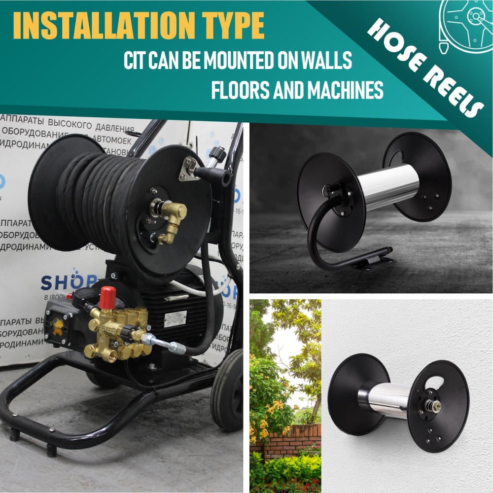 Ponguvn Pressure Washer Hose Reel, Heavy Duty Stainless Steel 100ft Hose Reel with 3ft Jumper Hose, Metal Hand Crank Air Compressor Stainless Steel Outdoor Hose Reel for Power Washer, 4000 PSI