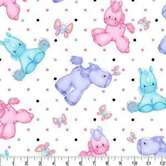 A. E. Nathan Comfy Flannel Ponies and Butterflies on White Baby Price per Yard
