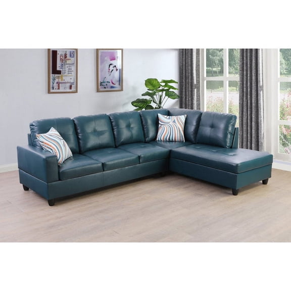 Ponliving 103.5" 2 Pieces Faux Leather L-Shaped Modern Sectional Sofa with Chaise, and Pillows for Living Room Denim Faux Leather Right Hand Facing