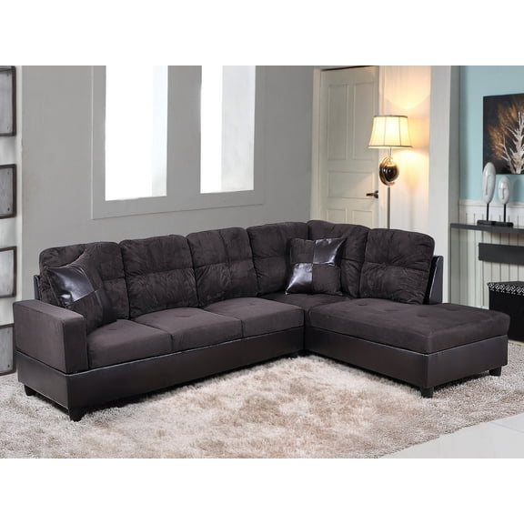 Ponliving 103.5" 2 Pieces L-Shaped Modern Sectional Sofa with Chaise and Pillows for Living Room Brown Microfiber Right Hand Facing