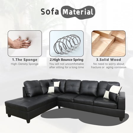 Ponliving 103.5" Faux Leather 2 PCS L-Shaped Modern Sectional Sofa with Pillows for Living Room Black Faux Leather Left Hand Facing