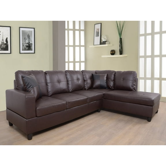 Ponliving 103.5" Faux Leather 2 PCS L-Shaped Modern Sectional Sofa with Pillows for Living Room Brown Faux Leather Right Hand Facing