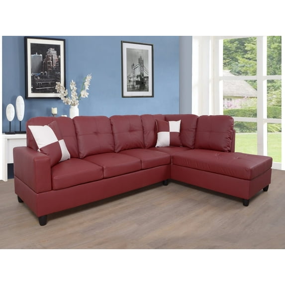 Ponliving 103.5" Faux Leather 2 PCS L-Shaped Modern Sectional Sofa with Pillows for Living Room Red Faux Leather Right Hand Facing