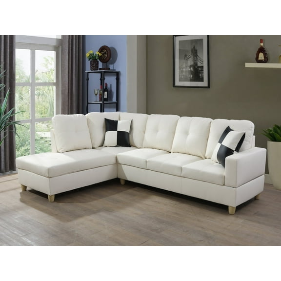 Ponliving 103.5" Faux Leather 2 PCS L-Shaped Modern Sectional Sofa with Pillows for Living Room White Faux Leather Left Hand Facing