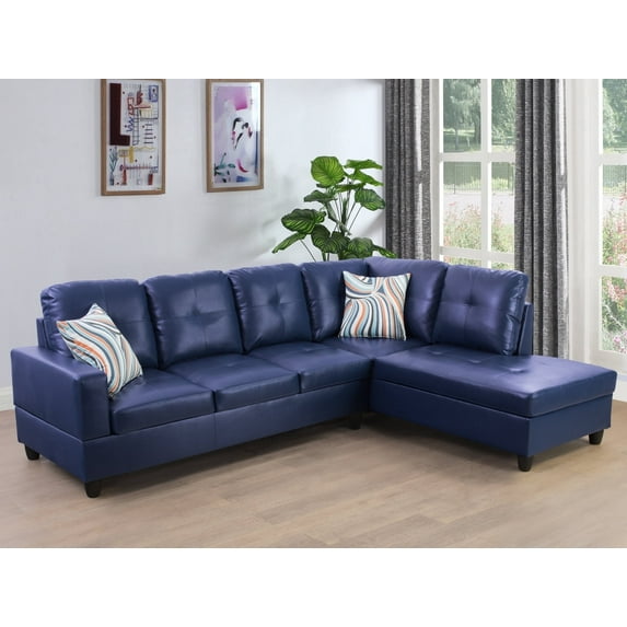 Ponliving 97" 2 Pieces L-Shaped Sectional Sofa With Pillows For Living Room Blue Faux Leather Right Hand Facing