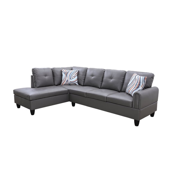 Ponliving 97" 2 Pieces L-Shaped Sectional Sofa With Pillows For Living Room Dark Grey Faux Leather Left Hand Facing
