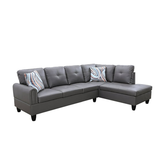 Ponliving 97" 2 Pieces L-Shaped Sectional Sofa With Pillows For Living Room Dark Grey Faux Leather Right Hand Facing