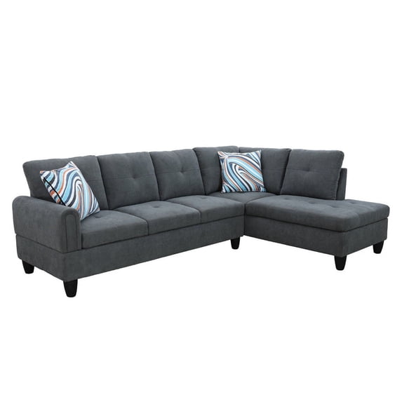 Ponliving 97" 2 Pieces L-Shaped Sectional Sofa With Pillows For Living Room Dark Grey Flannelette Right Hand Facing