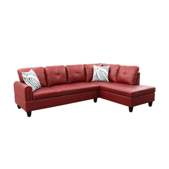 Ponliving 97" 2 Pieces L-Shaped Sectional Sofa With Pillows For Living Room Red Faux Leather Right Hand Facing