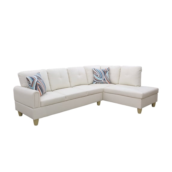 Ponliving 97" 2 Pieces L-Shaped Sectional Sofa With Pillows For Living Room White Faux Leather Right Hand Facing