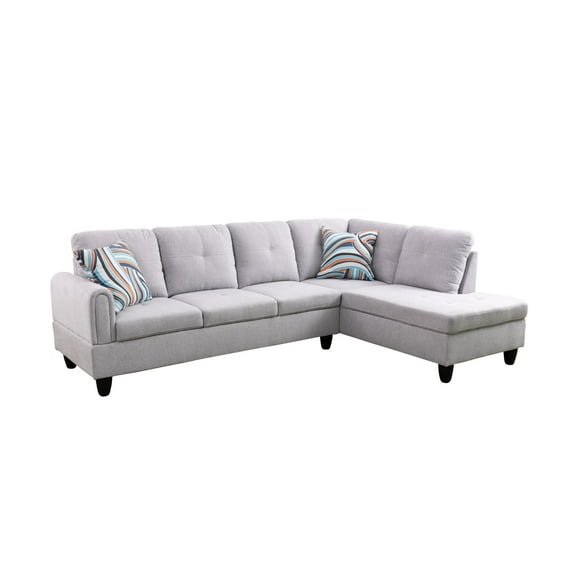 Ponliving 97" 2 Pieces L-Shaped Sectional Sofa With Pillows For Living Room White Grey Flannelette Right Hand Facing