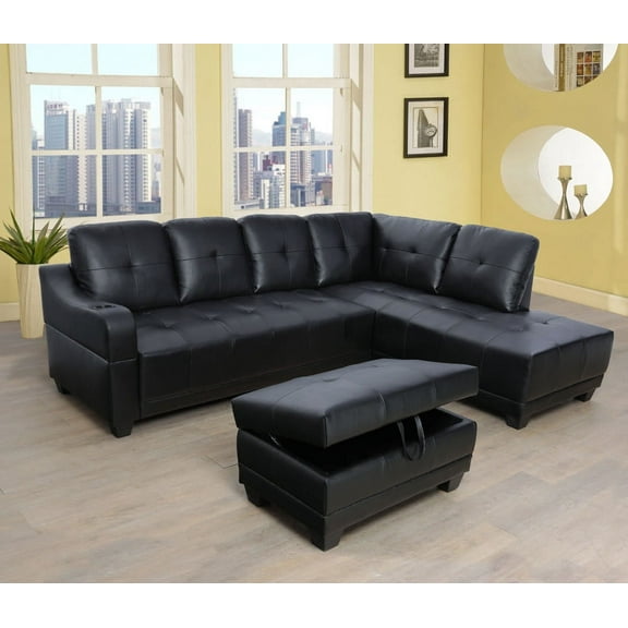 Ponliving Furniture 96" Wide Black Leather Right Hand Facing Sectional Sofa & Chaise with Ottoman Ponliving Furniture 96" Wide Black Leather Right Hand Facing Sectional Sofa & Chaise with Ottoman