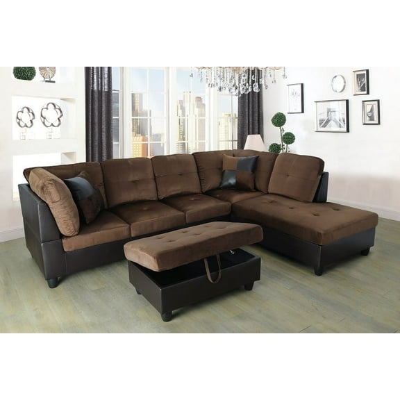 Ponliving Furniture Aiden 104" Sectional Sofa & Chaise with Ottoman Microfiber and faux leather upholstery Brown Right Hand Facing